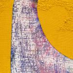 detail of yellow paint pushed through dyed burlap and base of guillotine