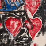 detail of queen's face and red hearts