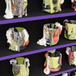 large cabinet with multiple small ceramic cups inside its shelves
