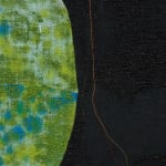 detail of green and blue dyed burlap with thread hanging