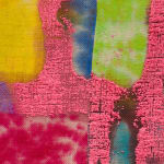 pink paint pushed through yellow and green and pink dyed burlap