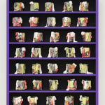 large cabinet with multiple small ceramic cups inside its shelves