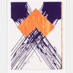 White canvas painting with crossing purple that fades into strokes and bright orange at the intersecting point