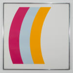 Print of a curve section made from 3 color strips, yellow, pink, orange