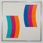 Print of 2 curve sections back-to-back, each made from 3 color strips, light blue, dark blue, orange, burgundy