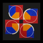 Acrylic on ragboard of quatrefoil shape in red, orange, blue, and white against a black background