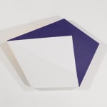 Tridimensional painting of interconnected white and navy blue parallelograms