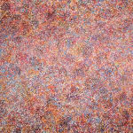Abstract red painting created with thousands of minuscule circles with multiple underlying patterns in various blues, purples, and oranges