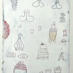 White paper with black, red, blue and yellow oil drawing of oval and bulbous shapes