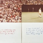 Detail of two chromogenic color prints alternating between a crowd and a close up of a soccer player, mounted on board with handwritten text in pastel