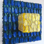 Three-dimensional painting composed of geometric blocks of color with both traditional and interference acrylic