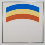 Print of a curved section with three color strips in blue, cream, and burnt orange