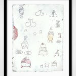 Framed White paper with black, red, blue and yellow oil drawing of oval and bulbous shapes