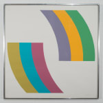 Print of two curve sections made from 3 color strips, on the bottom left: lime, blue, and rose. On the top right: lavender, yellow, green
