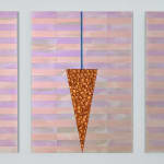 Three minimalist paintings comprised of geometric abstract forms in front of a background of iridescent pastel hues