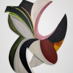 a colorful abstract painting on irregularly shaped wood panels assembled in a geometric formation with negative space hangs on a white wall
