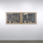 Collaged black and white image of a room containing a collection of objects