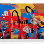 Colorful Neo-African Abstract Expressionist multimedia painting comprising oil paint and fabric of different patterns