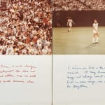 Detail of two chromogenic color prints alternating between a crowd and a close up of a soccer player, mounted on board with handwritten text in pastel