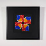 Acrylic on ragboard of quatrefoil shape in red, orange, blue, and white against a black background mounted on a white wall