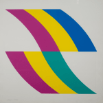 Print of two curved sections stacked on top of eachother with three color strips. Both in magenta and yellow,and dark blue on top and teal on the bottom.