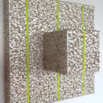Three-dimensional painting composed of geometric blocks of color with both traditional and metallic acrylic