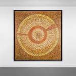 Abstract expressionist painting in warm yellows and oranges with a circular motif