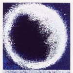 Detail of Painting in parts, a purple square with a white, open center circle, bellow a purple line that sprinkles into white, then a swirling purple circle with an open center