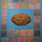 Acrylic, oil on canvas painting of square narrative vignettes on blue background, with a stylized brain in the center