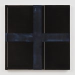 A square canvas is covered in black acrylic paint and divided into four equal parts by a black cross consisting of paint and crushed glass. Two vertical thin white lines run paralell to one another down the center of the canvas and along its left edge.