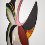 a colorful abstract painting on irregularly shaped wood panels assembled in a geometric formation with negative space hangs on a white wall