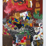 A colorful artwork comprised of oil paint and patterned fabric hanging past the bottom of the canvas in a "neo-African abstract expressionist" mode