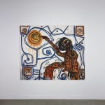 Oil painting on canvas of an artist painting the sun in a "neo-African expressionist" mode