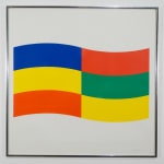 Print of a curving shape made up of 6 colored squares in alternating shades of blue, orange, yellow, green, orange, and yellow.