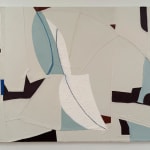 Oil and mixed media on canvas of light gray, white, and blue lines and shapes disappearing underneath each other and folding over