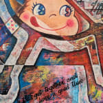 Detail of a colorful painting comprising numerous food industry icons depicted in a kaleidoscopic and fragmented manner