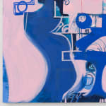 Detail of Canvas painted light pink, blue, and white in swirling abstract shapes. Pieces of fabric are overlaid on top