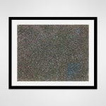Black framed abstract work on paper consisting of small marks covering the entire visual field