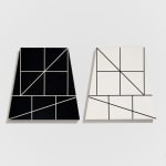 Two acrylic paintings on masonite in the form of two trapezoids mirroring one another, one black and the other white, each with lines which also mirror one another