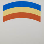 Print of a curved section with three color strips in blue, cream, and burnt orange