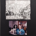 Two photographs on a black board, one is black and white of a street with white child-like doodles on top of it, the other is a young boy holding a book, the words “When I grow up, I want to be a veterinarian or a scientist on animals,” written in silver pen on the top and bottom of the page