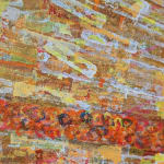 Abstract expressionist painting in warm yellows and oranges with a circular motif