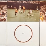 Three chromogenic color prints alternating between a crowd and a close up of a soccer player, underneath each image is a white panel containing a red circle attached to a thin black line which circles a crowd member or player