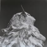 Black and white photograph of an Upward side view of “The Sphinx” puppet, decorated with paper suggesting feathers on the body and hair made of thin strips
