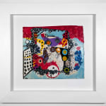 White framed colorful artwork comprised of oil and patterned fabric on canvas in a "neo-African abstract expressionist" mode