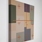 Quadrilateral shaped arcylic painting divided into irregular rectangular parcels of muted yellows, greens, blue, and purple with an overlaid orange coordinate plane