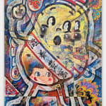 Colorful painting comprising numerous food industry icons depicted in a kaleidoscopic and fragmented manner