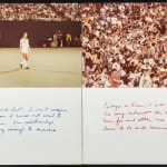 Four chromogenic color prints alternating between a crowd and a close up of a soccer player, mounted on board with handwritten text in pastel