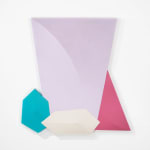 Tridimensional painting of a lavender prism with a smaller blue cube to the bottom left, a creme parallelepiped at the bottom center, and a pink triangular prism to the right