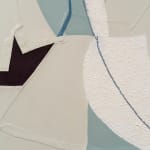 Detail of Oil and mixed media on canvas of light gray, white, and blue lines and shapes disappearing underneath each other and folding over